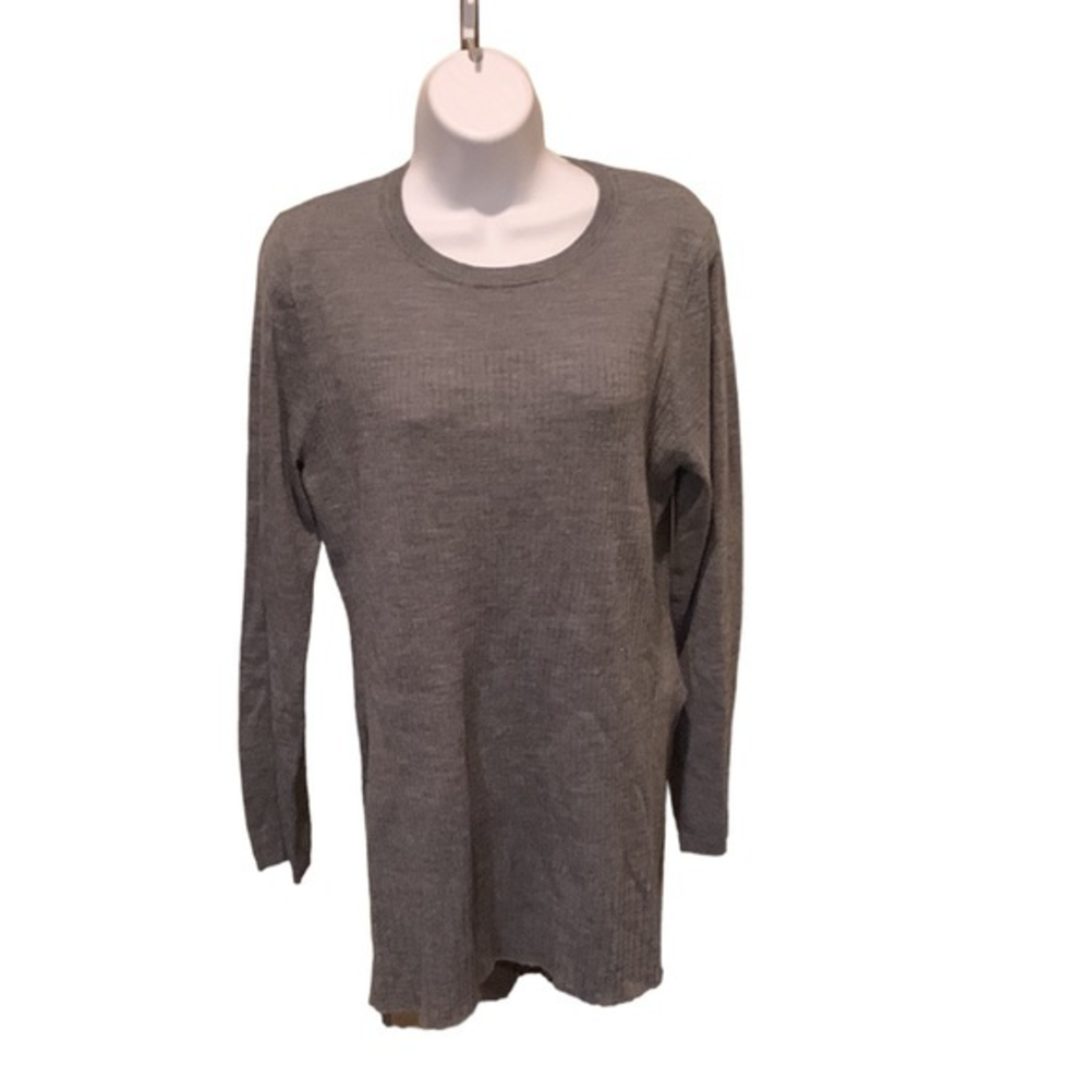 Tahari Gray Ribbed Extra Fine Marino Wool Lng Sleeve Tunic Sweater Split Side XL